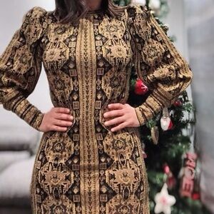 Zara Jacquard Gold Metallic Knit Sweater Dress size size S